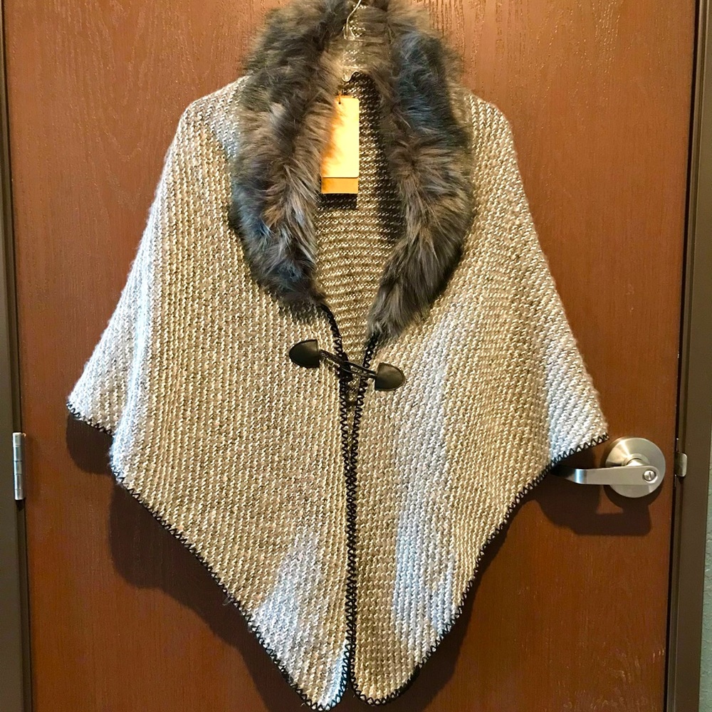 Grey Faux Fur Trimmed Ruana Cape